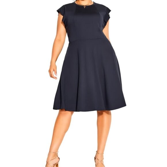 City Chic Aubree Frill Shoulder Dress Navy Blue - Picture 1 of 11